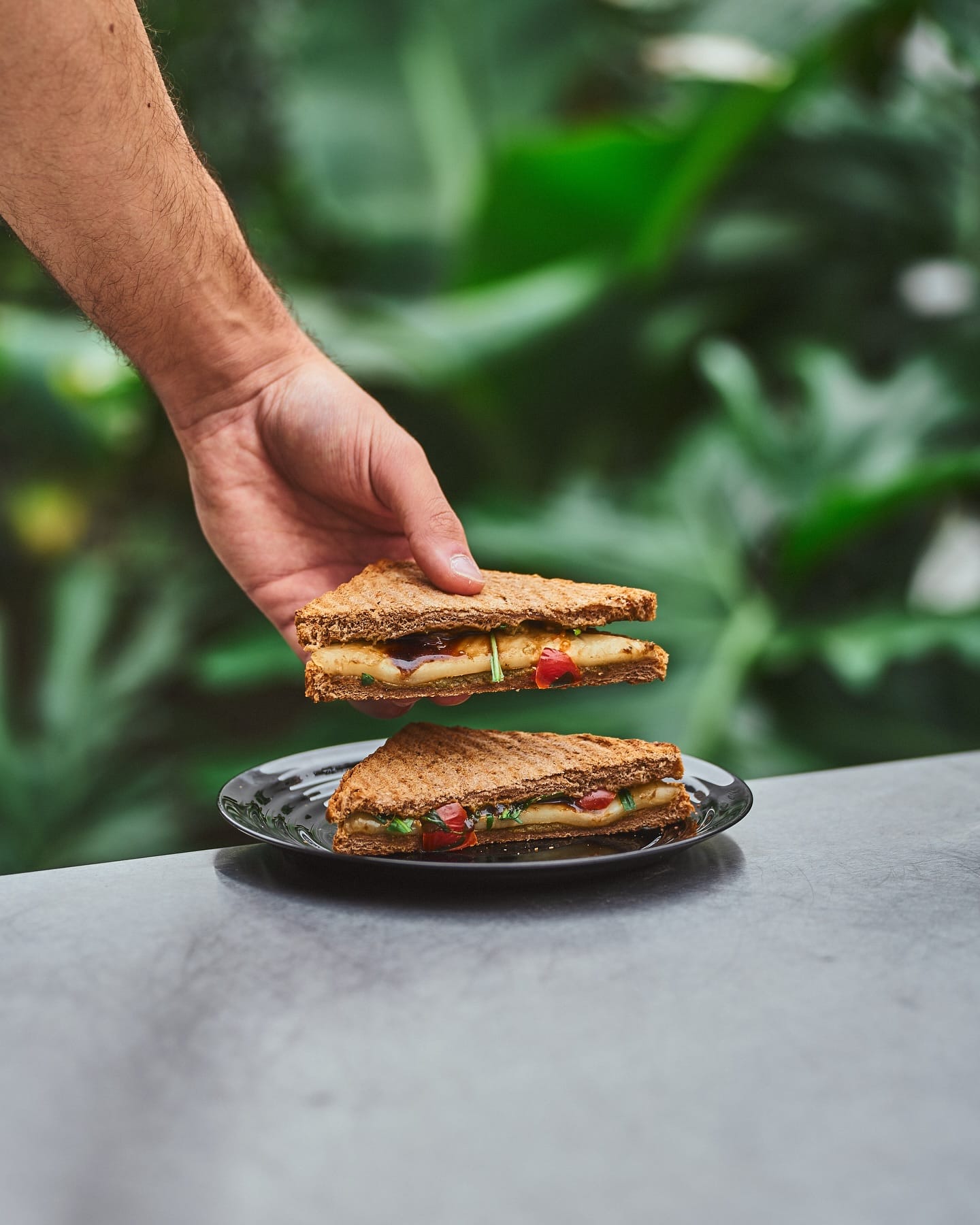 The avocado mozzarella sandwich held over a black plate